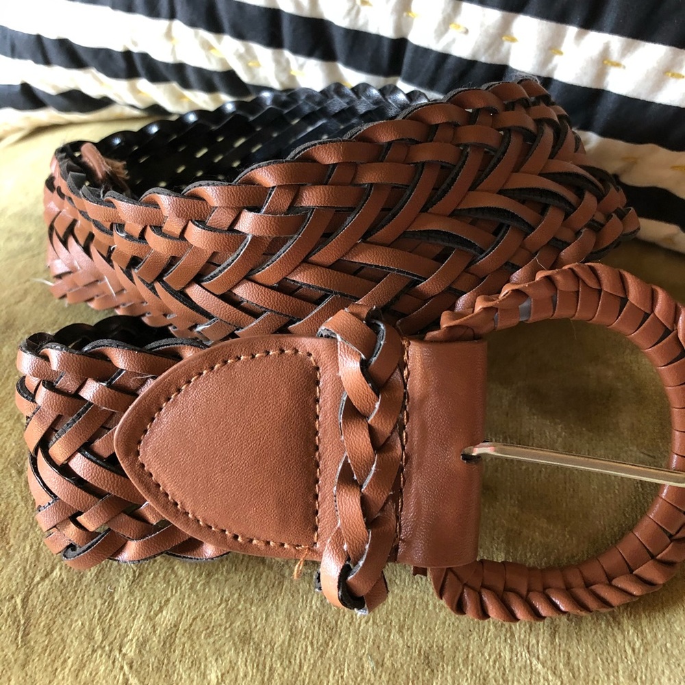Brown leather woven waist belt
